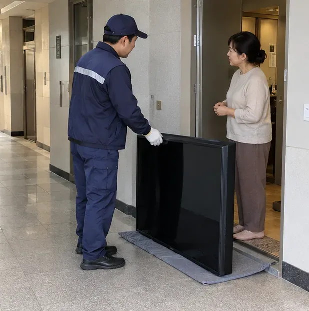 수거 작업자가 주민과 함께 현관 앞의 TV를 인계받는 모습