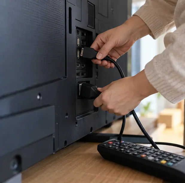 TV 뒤쪽 전원선과 영상 케이블을 분리하는 손