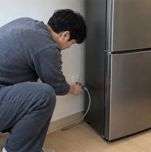냉장고를 세운 채 벽 콘센트에서 전원 플러그를 분리하는 주민