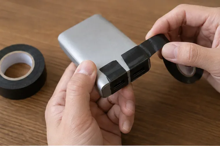 보조배터리의 USB 단자 주변을 검은 절연테이프로 감싸 금속 접촉을 줄이는 모습