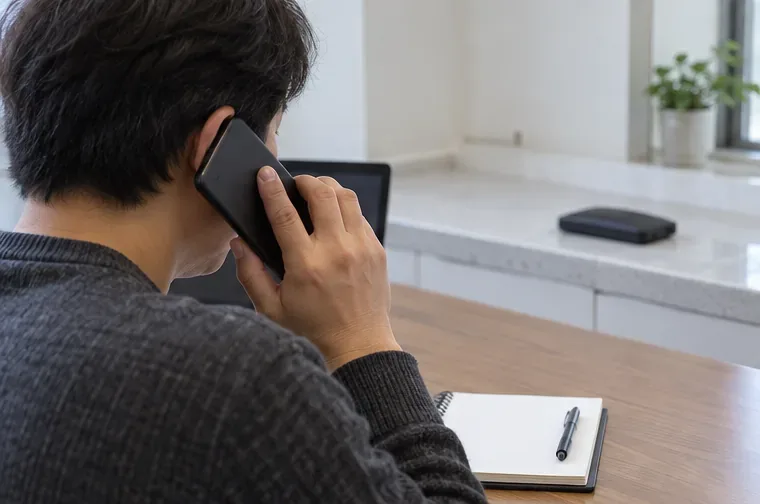 한 사람이 휴대전화로 통화하고 있고 뒤쪽의 단단한 상판에 검은 보조배터리가 떨어져 놓여 있다.