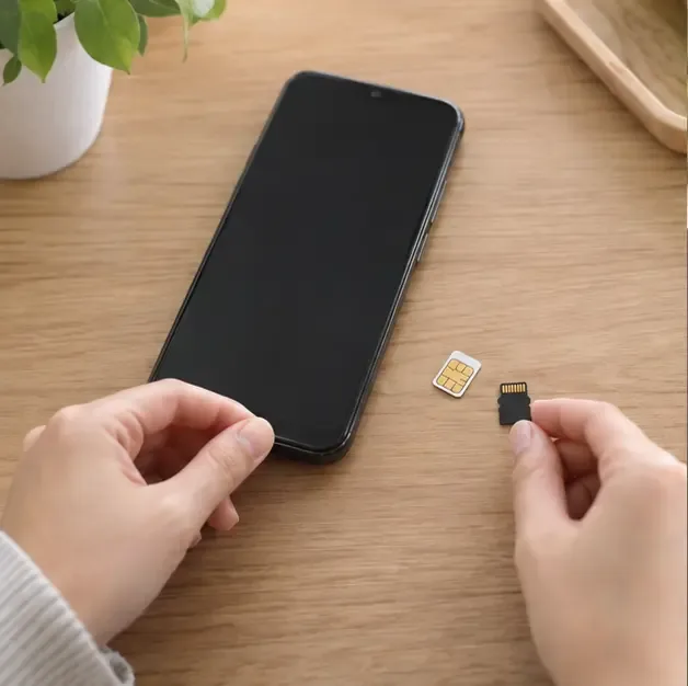 전원이 꺼진 스마트폰에서 SIM 카드와 microSD 카드를 분리해 놓은 모습