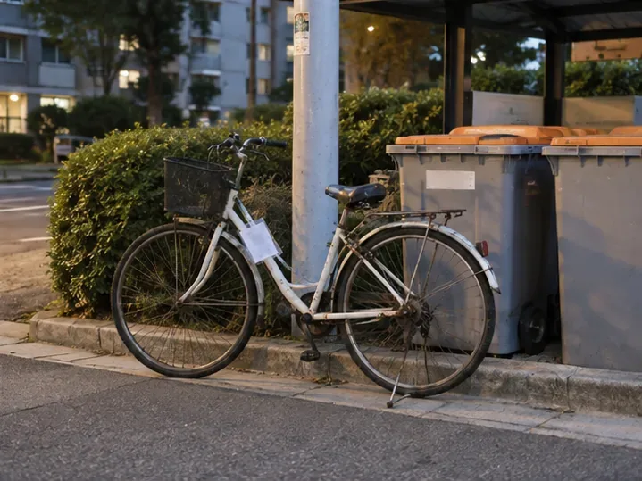 저녁 시간 공동주택 분리수거장 옆 지정 공간에 예약표가 붙은 자전거를 세워 둔 모습