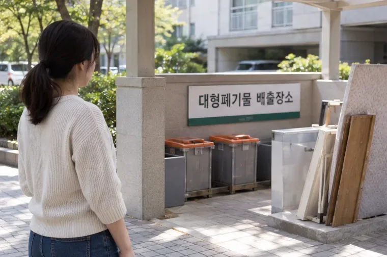 아파트 외부의 대형폐기물 배출장소 안내판과 지정 공간을 확인하는 모습