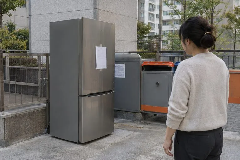 공동주택 지정 배출 장소에 세워 둔 냉장고와 제품에 붙은 배출 신고필증, 이를 확인하는 주민