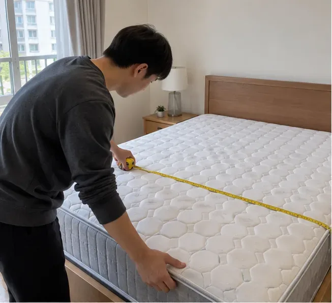 침실에서 줄자로 매트리스 폭을 재며 규격을 확인하는 모습