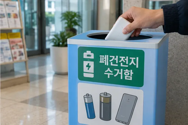 공공시설에 설치된 폐건전지 수거함에 보조배터리를 넣는 모습