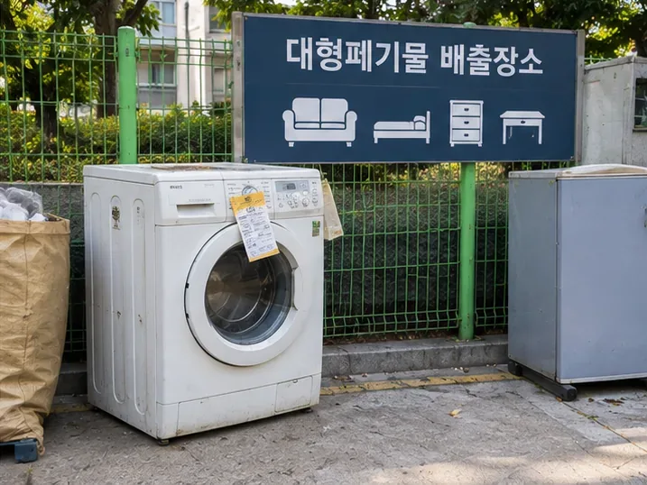공동주택의 대형폐기물 배출장소 앞에 신고표가 부착된 세탁기가 놓여 있는 모습