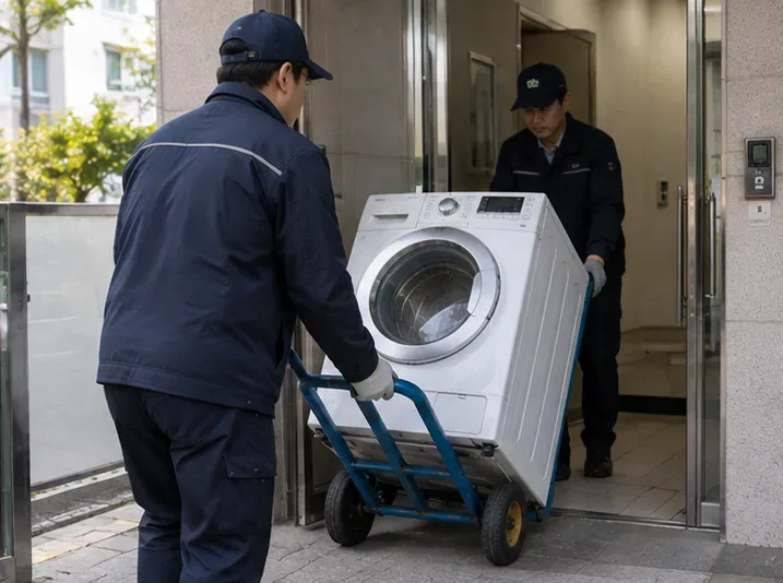 수거 작업자들이 아파트 출입구에서 드럼세탁기를 운반용 카트에 실어 이동하는 모습