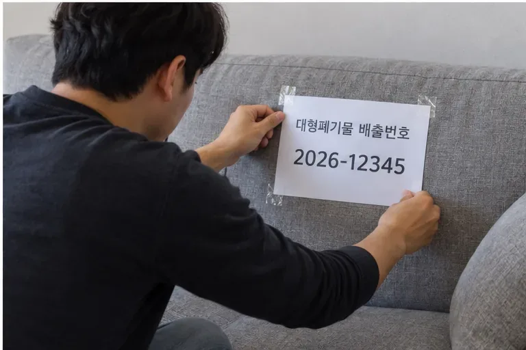 회색 소파 앞면에 대형폐기물 배출번호 안내 종이를 테이프로 붙이는 모습
