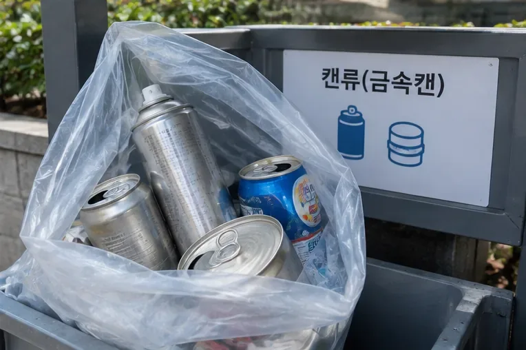 내용물과 잔가스를 제거한 스프레이캔을 다른 금속캔과 함께 캔류 수거함에 배출하는 모습
