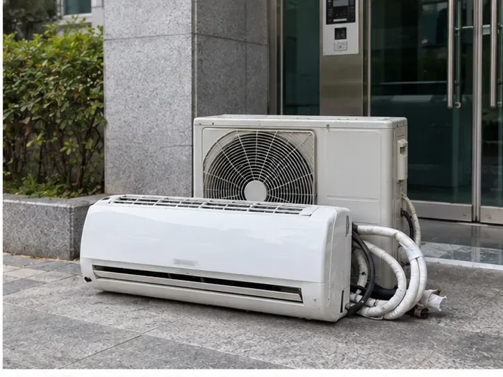 철거된 벽걸이 에어컨 실내기와 실외기가 건물 입구에 함께 놓여 있는 모습
