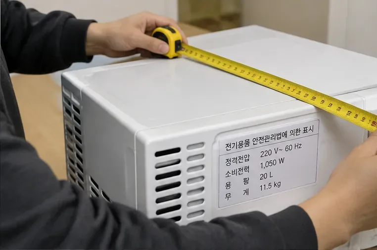 줄자로 전자레인지의 크기를 재고 제품 표시사항에서 무게를 확인하는 모습