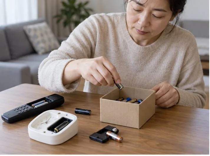한 주민이 리모컨과 시계에서 분리한 폐건전지를 작은 상자에 따로 모으는 모습
