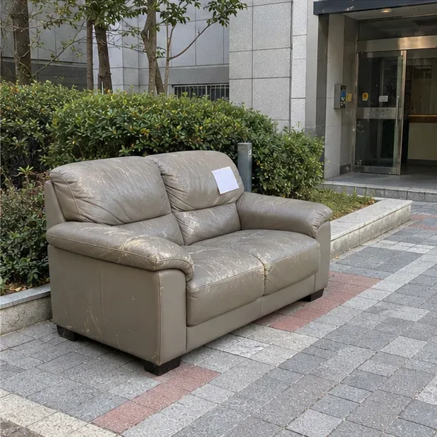아파트 건물 앞 지정된 보행로 옆에 소파 한 개가 깔끔하게 놓여 있고 종이 배출표시가 붙어 있는 모습