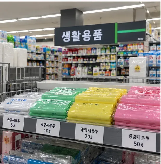 마트 생활용품 코너 진열대에 여러 규격의 종량제봉투가 놓인 모습