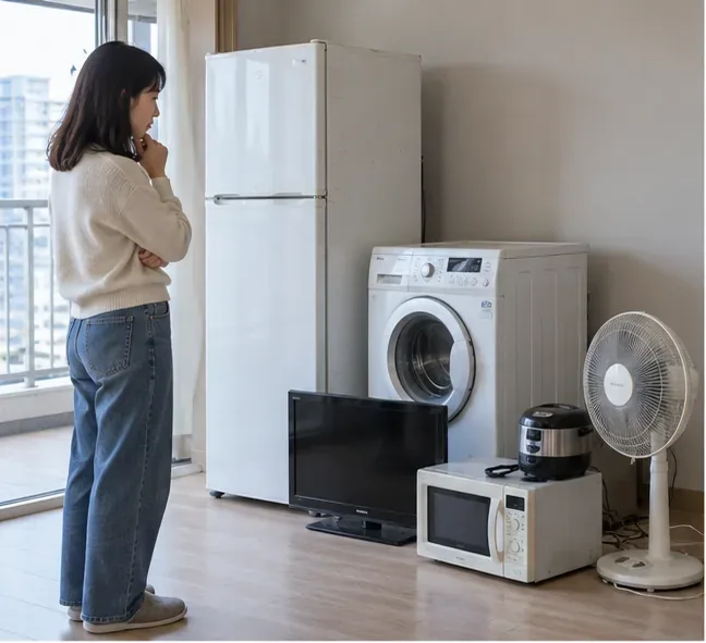 가정 안에 냉장고, 세탁기, TV, 전자레인지, 선풍기 등 여러 폐가전을 모아 놓고 어떤 배출 방법을 선택할지 확인하는 모습