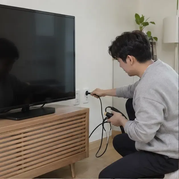 거주자가 거실의 평면 TV 전원 플러그와 연결 케이블을 안전하게 분리하는 모습