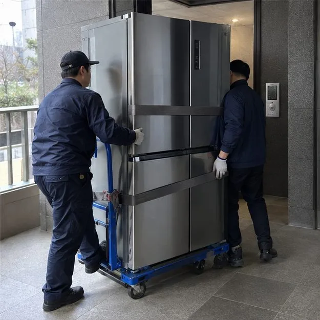 작업자 두 명이 이동식 운반대에 냉장고를 고정해 옮기는 모습