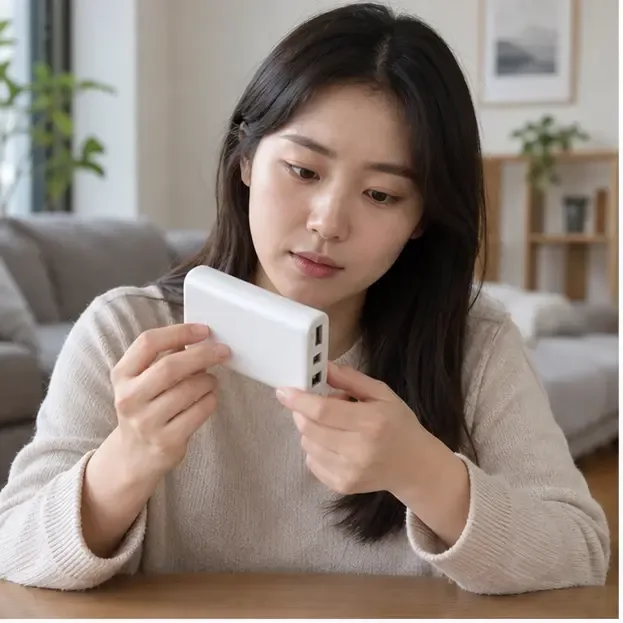 한 여성이 테이블에서 흰색 보조배터리의 외관과 충전 단자를 확인하는 모습