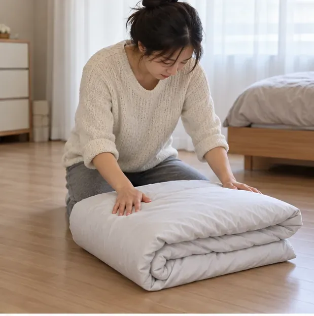 세탁 후 마른 이불을 바닥에 가지런히 접어 작은 묶음으로 정리하는 모습