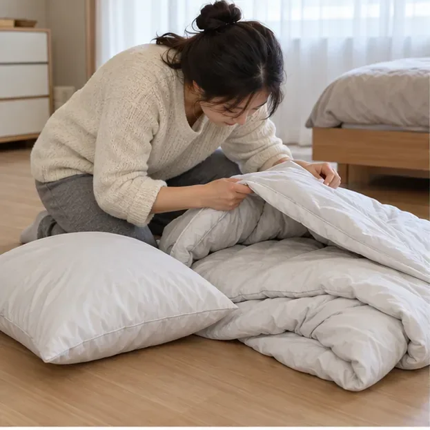 침실 바닥에 놓인 이불과 베개를 살펴보며 안에 물건이 남아 있는지 확인하는 사람