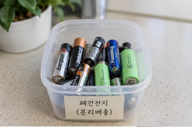 여러 종류의 사용한 원통형 건전지를 작은 투명 용기에 따로 모아둔 모습