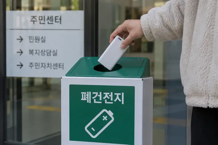 주민센터 건물 앞 폐건전지 수거함에 작은 보조배터리를 넣는 모습