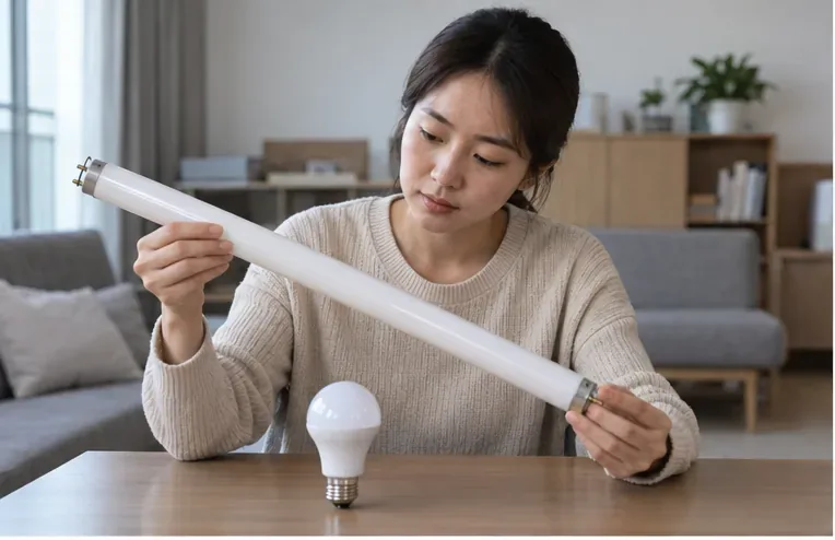 긴 형광등과 LED 전구를 나란히 놓고 종류를 살펴보는 주민