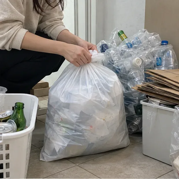 재활용품을 분리하고 일반 생활쓰레기를 봉투에 담는 모습