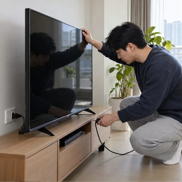 TV의 전원 플러그를 분리하고 화면과 본체에 파손이 없는지 살피는 모습