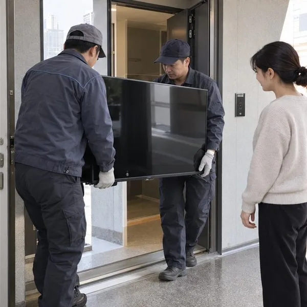 수거 담당자가 아파트 현관에서 주민과 함께 TV를 인계받는 모습