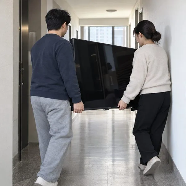 두 사람이 대형 TV를 세운 상태로 아파트 복도를 조심스럽게 옮기는 모습