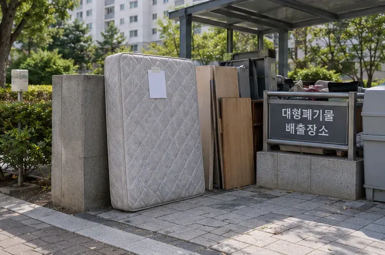아파트 단지의 대형폐기물 배출장소에 신고 표시가 붙은 매트리스가 다른 대형폐기물 옆에 세워져 있는 모습