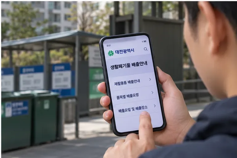 대전 지역 재활용품 배출안내를 스마트폰으로 확인하고 뒤편의 분리수거장을 살펴보는 모습