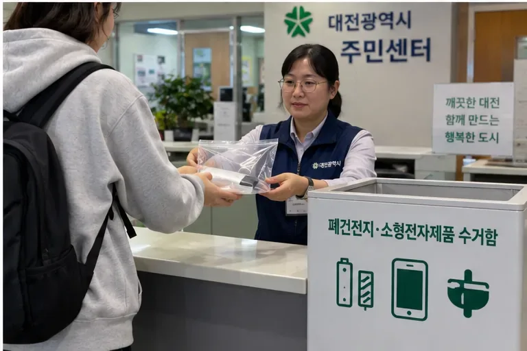 대전광역시 주민센터 안내창구에서 시민이 포장된 보조배터리를 직원에게 건네고 옆에 폐건전지·소형전자제품 수거함이 있는 모습