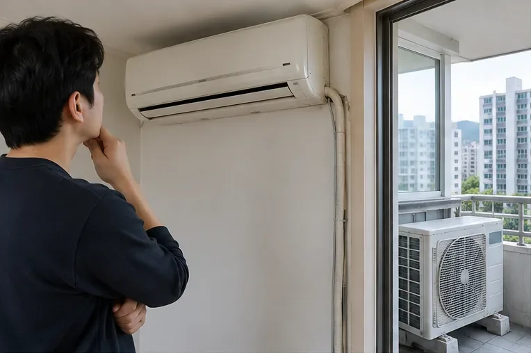 아파트 실내의 벽걸이 에어컨과 베란다 실외기의 설치 상태를 확인하는 모습