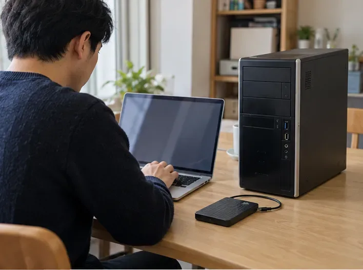사람이 오래된 컴퓨터 본체 옆에서 노트북과 외장 저장장치를 살펴보고 있다.