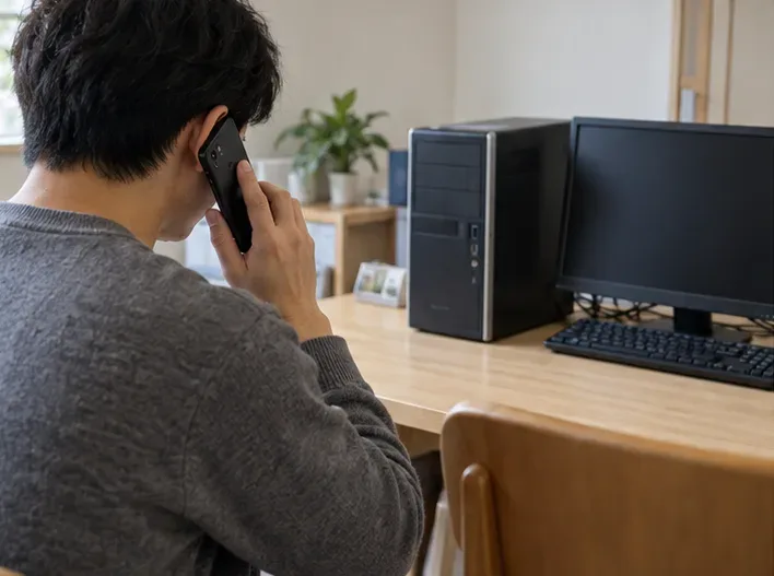 사람이 데스크톱 본체와 모니터가 놓인 책상 옆에서 휴대전화로 통화하고 있다.