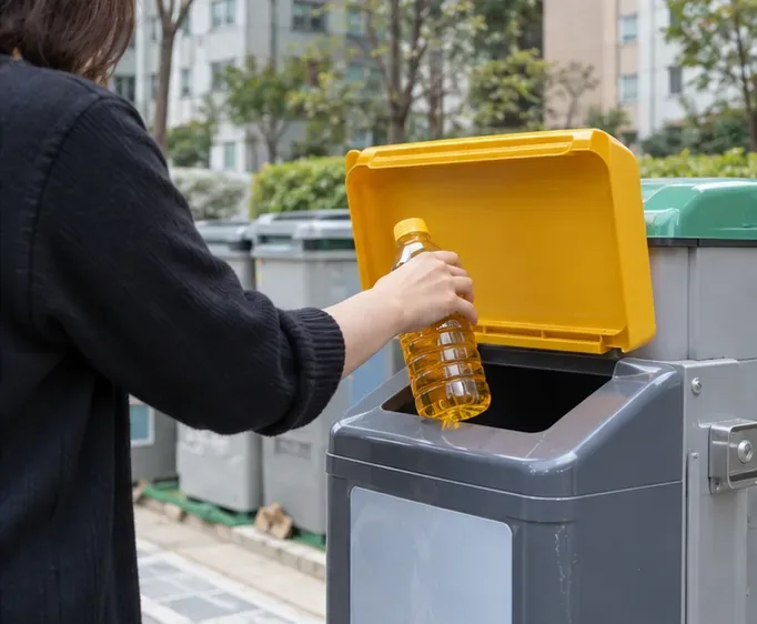 아파트 재활용 구역의 뚜껑이 열린 수거함에 밀폐된 폐식용유 병을 넣는 모습