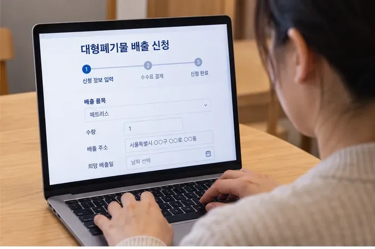 노트북에서 대형폐기물 배출 신청 화면에 매트리스 품목과 주소를 입력하는 모습