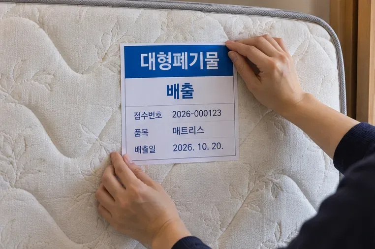 매트리스 표면에 대형폐기물 배출 신고필증을 잘 보이게 붙이는 모습