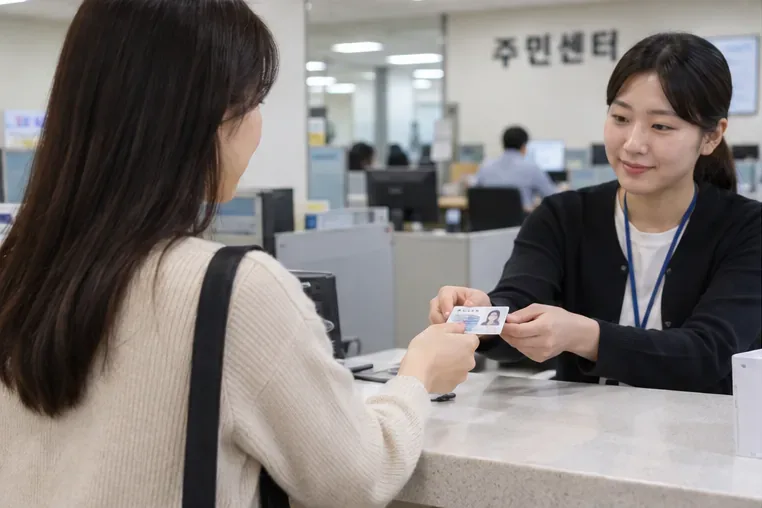 주민센터 창구에서 직원에게 실물 주민등록증을 제시하며 재발급 절차를 진행하는 모습