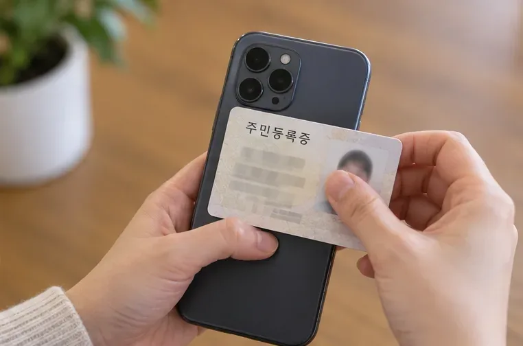 IC 주민등록증을 스마트폰 뒷면에 가까이 대어 태그하는 손의 모습