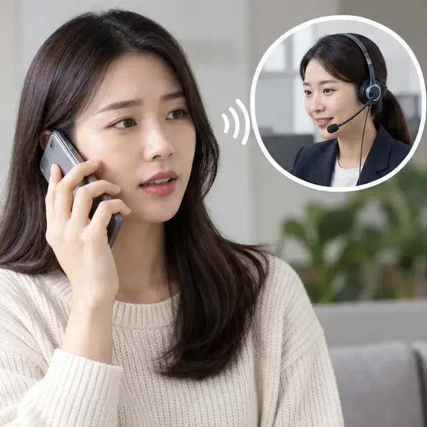 다른 휴대폰으로 모바일 신분증 고객센터에 전화하며 상담원 연결을 기다리는 절차 안내 장면