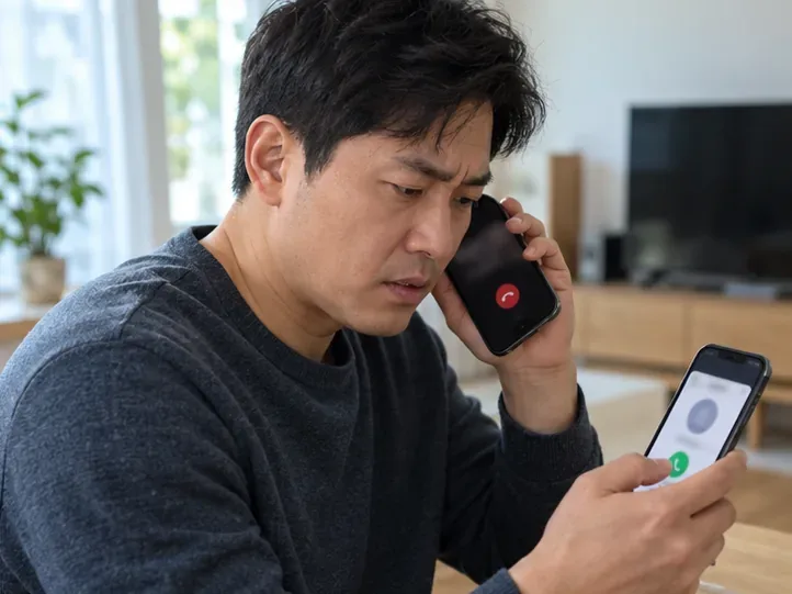 의심스러운 전화를 받은 뒤 다른 연락처로 사실을 확인하는 사람의 모습