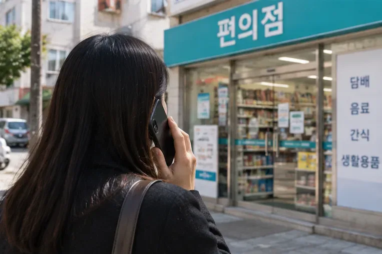 편의점 앞에서 스마트폰으로 판매 여부를 전화 확인하는 사람의 뒷모습
