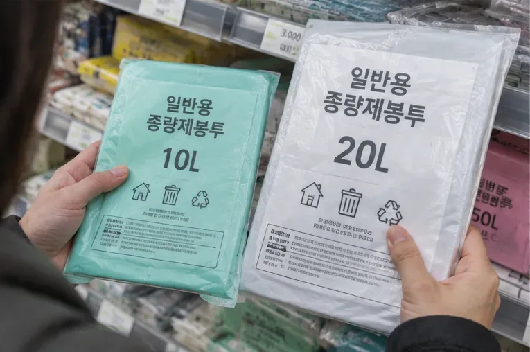 매장에서 일반용 종량제봉투 10리터와 20리터 규격을 손에 들고 비교하는 모습