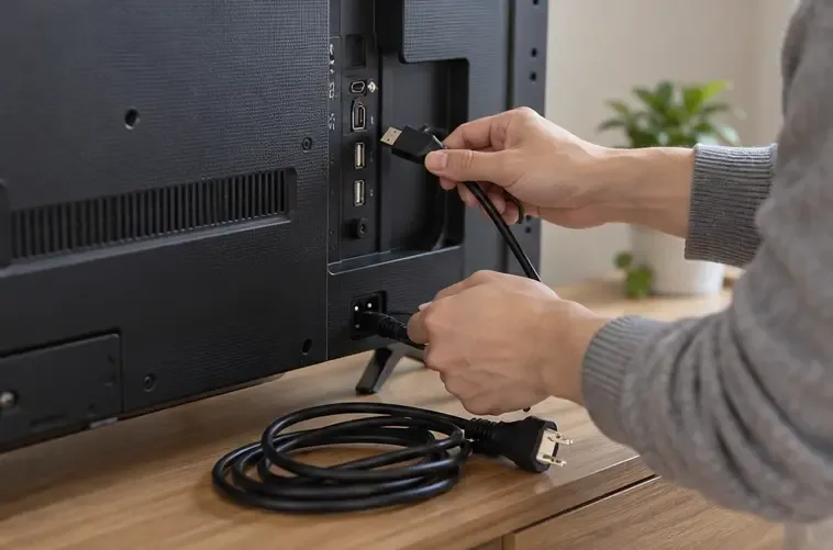 평면 TV 뒤쪽에서 전원선과 HDMI 케이블을 조심스럽게 분리하는 손