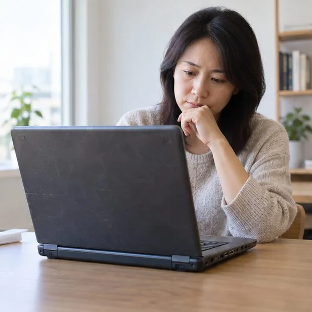 오래된 노트북의 외관과 작동 여부를 살펴 재사용할지 배출할지 판단하는 모습
